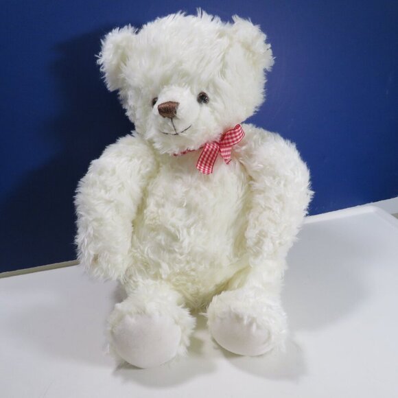 Hallmark white teddy bear with red gingham bow Sits By Self Weighted 13oz - Picture 1 of 11